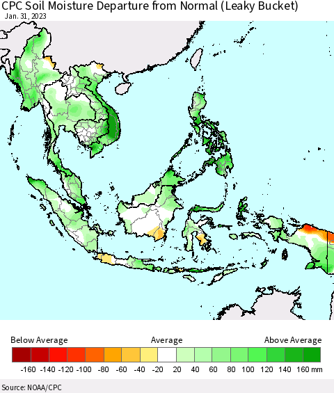 South East Asia CPC Soil Moisture Departure from Normal (Leaky Bucket) Thematic Map For 1/26/2023 - 1/31/2023