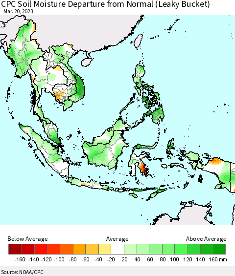 South East Asia CPC Soil Moisture Departure from Normal (Leaky Bucket) Thematic Map For 3/16/2023 - 3/20/2023
