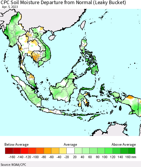 South East Asia CPC Soil Moisture Departure from Normal (Leaky Bucket) Thematic Map For 4/1/2023 - 4/5/2023