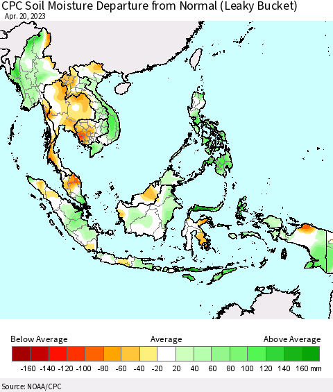 South East Asia CPC Soil Moisture Departure from Normal (Leaky Bucket) Thematic Map For 4/16/2023 - 4/20/2023