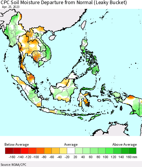 South East Asia CPC Soil Moisture Departure from Normal (Leaky Bucket) Thematic Map For 4/21/2023 - 4/25/2023