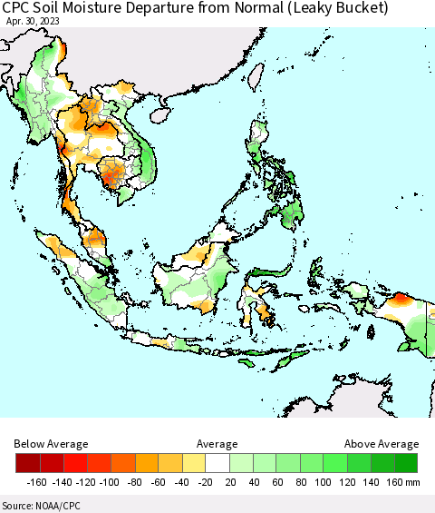 South East Asia CPC Soil Moisture Departure from Normal (Leaky Bucket) Thematic Map For 4/26/2023 - 4/30/2023