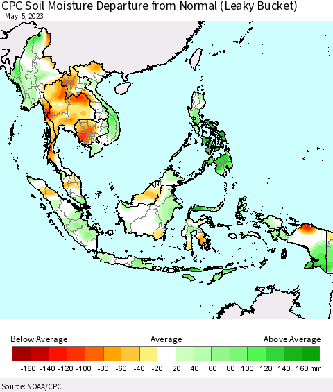 South East Asia CPC Soil Moisture Departure from Normal (Leaky Bucket) Thematic Map For 5/1/2023 - 5/5/2023
