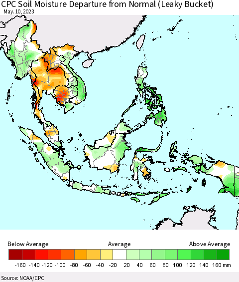 South East Asia CPC Soil Moisture Departure from Normal (Leaky Bucket) Thematic Map For 5/6/2023 - 5/10/2023