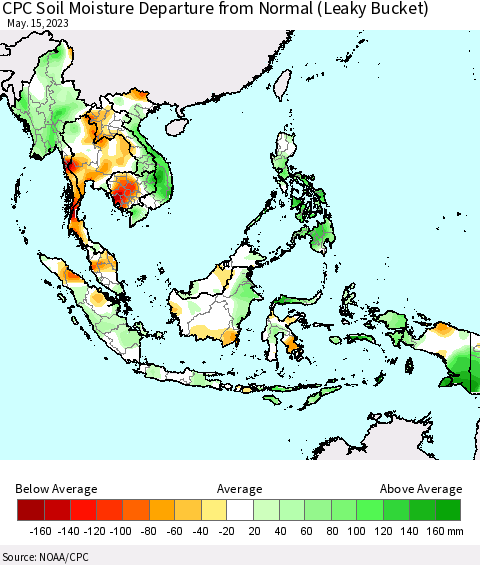 South East Asia CPC Soil Moisture Departure from Normal (Leaky Bucket) Thematic Map For 5/11/2023 - 5/15/2023