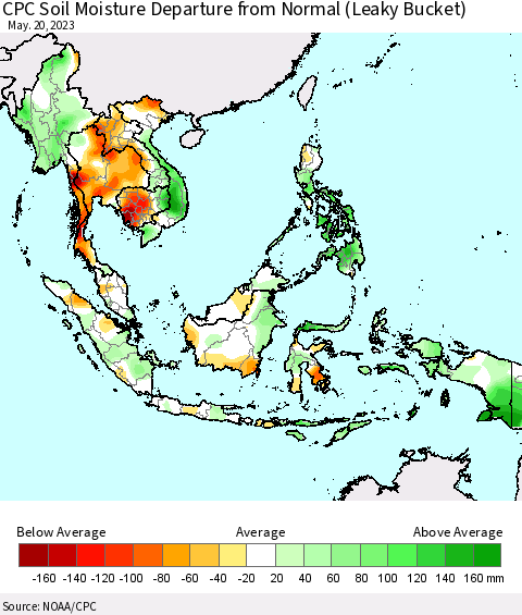 South East Asia CPC Soil Moisture Departure from Normal (Leaky Bucket) Thematic Map For 5/16/2023 - 5/20/2023