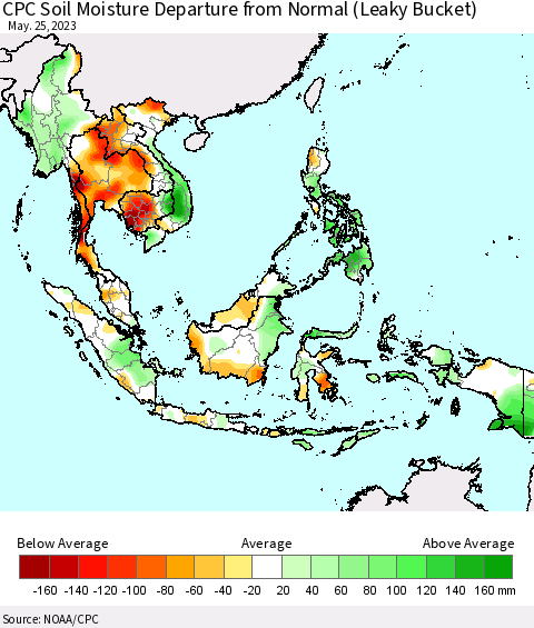 South East Asia CPC Soil Moisture Departure from Normal (Leaky Bucket) Thematic Map For 5/21/2023 - 5/25/2023