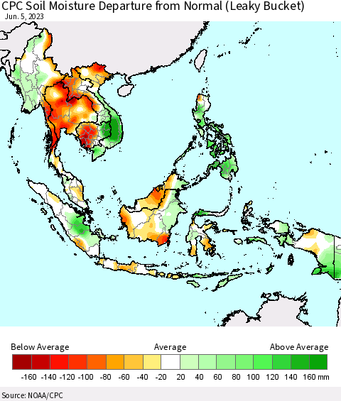 South East Asia CPC Soil Moisture Departure from Normal (Leaky Bucket) Thematic Map For 6/1/2023 - 6/5/2023