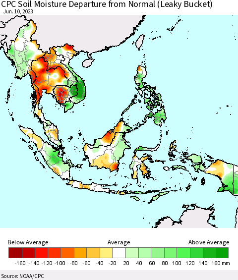 South East Asia CPC Soil Moisture Departure from Normal (Leaky Bucket) Thematic Map For 6/6/2023 - 6/10/2023