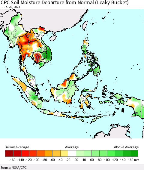 South East Asia CPC Soil Moisture Departure from Normal (Leaky Bucket) Thematic Map For 6/16/2023 - 6/20/2023
