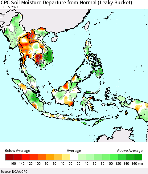 South East Asia CPC Soil Moisture Departure from Normal (Leaky Bucket) Thematic Map For 7/1/2023 - 7/5/2023
