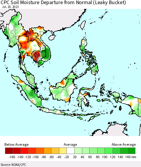 South East Asia CPC Soil Moisture Departure from Normal (Leaky Bucket) Thematic Map For 7/16/2023 - 7/20/2023
