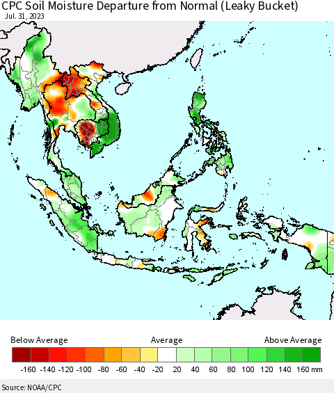 South East Asia CPC Soil Moisture Departure from Normal (Leaky Bucket) Thematic Map For 7/26/2023 - 7/31/2023