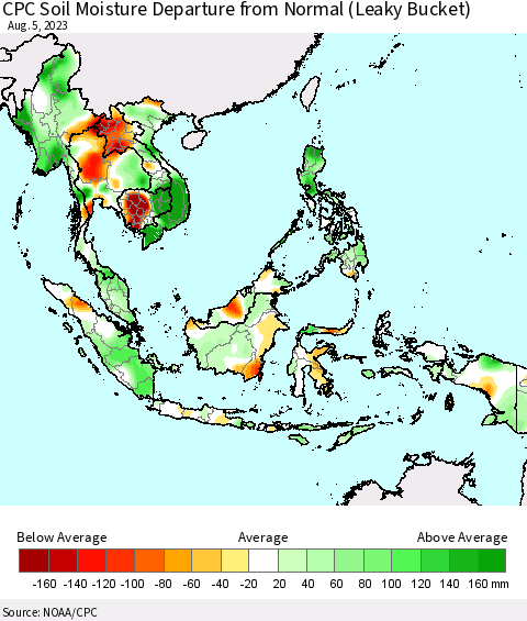 South East Asia CPC Soil Moisture Departure from Normal (Leaky Bucket) Thematic Map For 8/1/2023 - 8/5/2023