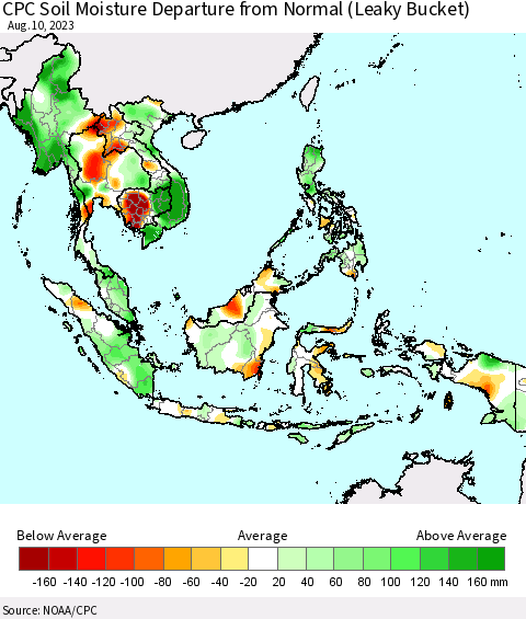 South East Asia CPC Soil Moisture Departure from Normal (Leaky Bucket) Thematic Map For 8/6/2023 - 8/10/2023