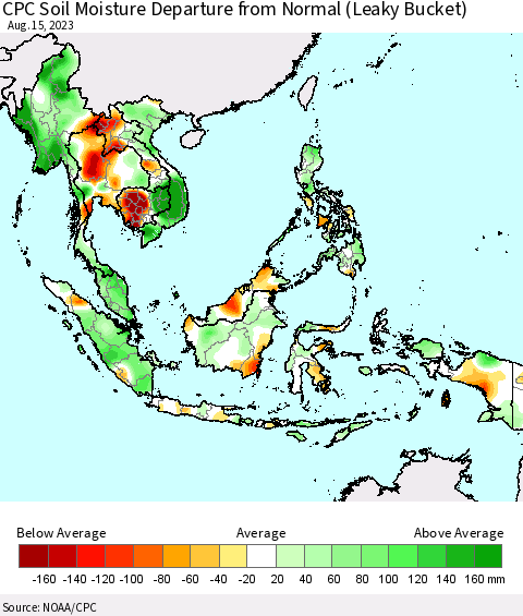 South East Asia CPC Soil Moisture Departure from Normal (Leaky Bucket) Thematic Map For 8/11/2023 - 8/15/2023