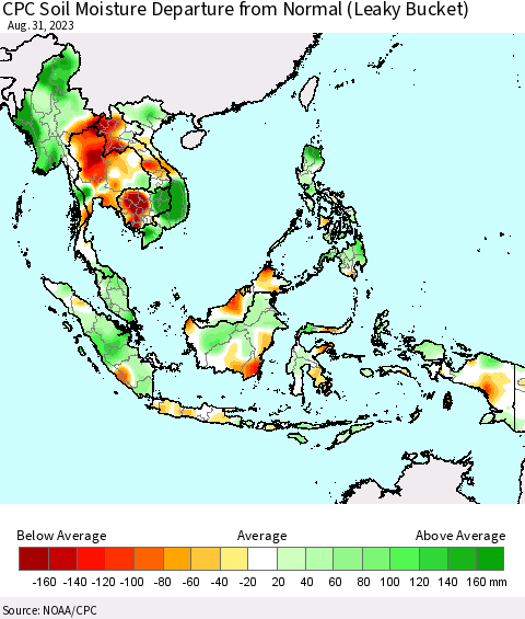 South East Asia CPC Soil Moisture Departure from Normal (Leaky Bucket) Thematic Map For 8/26/2023 - 8/31/2023