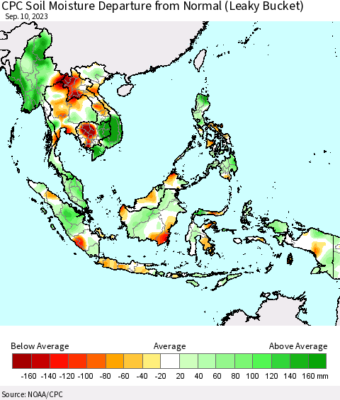 South East Asia CPC Soil Moisture Departure from Normal (Leaky Bucket) Thematic Map For 9/6/2023 - 9/10/2023