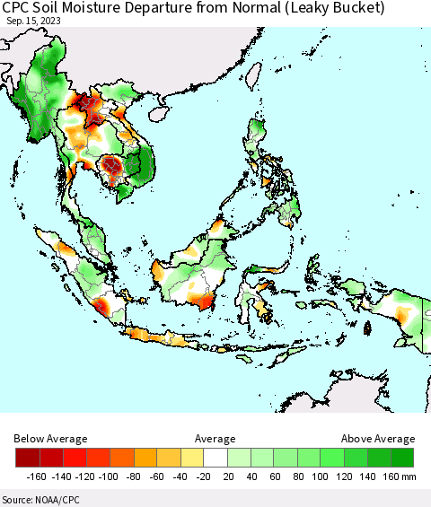 South East Asia CPC Soil Moisture Departure from Normal (Leaky Bucket) Thematic Map For 9/11/2023 - 9/15/2023