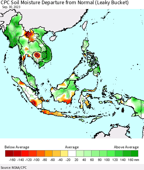 South East Asia CPC Soil Moisture Departure from Normal (Leaky Bucket) Thematic Map For 9/26/2023 - 9/30/2023