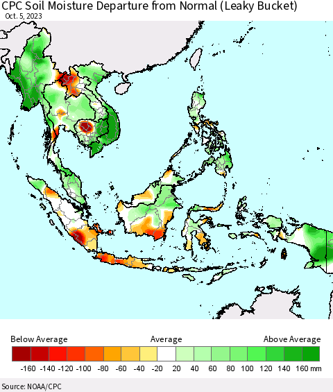 South East Asia CPC Soil Moisture Departure from Normal (Leaky Bucket) Thematic Map For 10/1/2023 - 10/5/2023