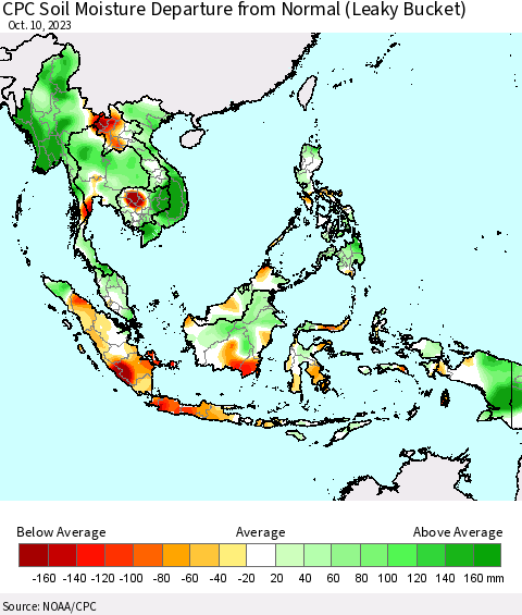 South East Asia CPC Soil Moisture Departure from Normal (Leaky Bucket) Thematic Map For 10/6/2023 - 10/10/2023