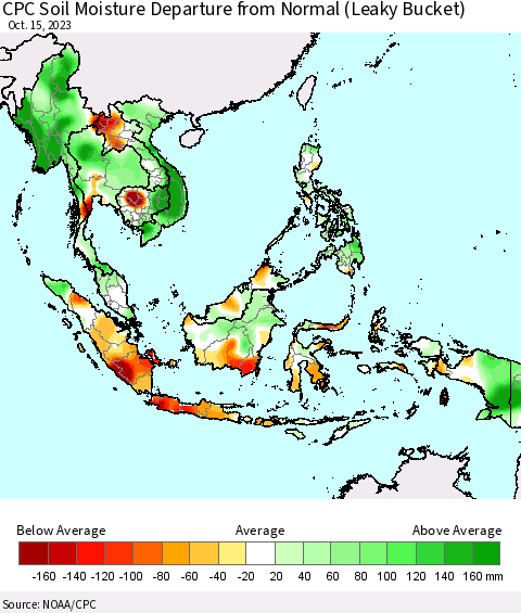 South East Asia CPC Soil Moisture Departure from Normal (Leaky Bucket) Thematic Map For 10/11/2023 - 10/15/2023