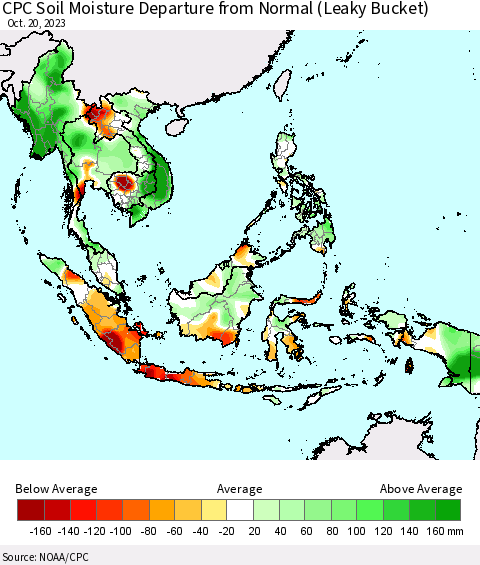 South East Asia CPC Soil Moisture Departure from Normal (Leaky Bucket) Thematic Map For 10/16/2023 - 10/20/2023