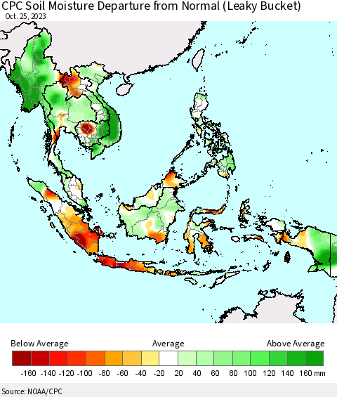 South East Asia CPC Soil Moisture Departure from Normal (Leaky Bucket) Thematic Map For 10/21/2023 - 10/25/2023
