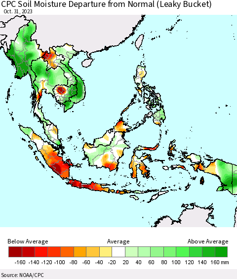 South East Asia CPC Soil Moisture Departure from Normal (Leaky Bucket) Thematic Map For 10/26/2023 - 10/31/2023