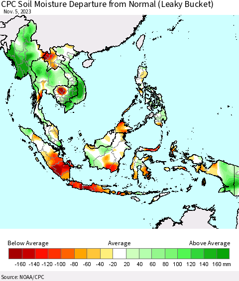 South East Asia CPC Soil Moisture Departure from Normal (Leaky Bucket) Thematic Map For 11/1/2023 - 11/5/2023