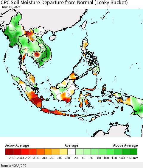 South East Asia CPC Soil Moisture Departure from Normal (Leaky Bucket) Thematic Map For 11/6/2023 - 11/10/2023