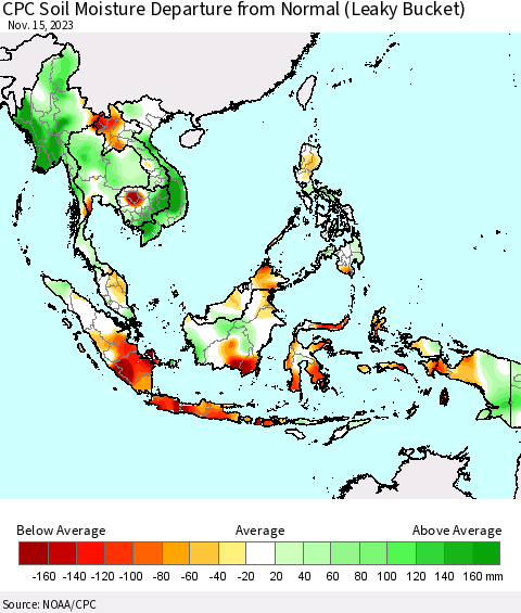 South East Asia CPC Soil Moisture Departure from Normal (Leaky Bucket) Thematic Map For 11/11/2023 - 11/15/2023