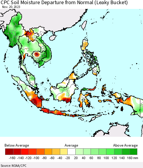 South East Asia CPC Soil Moisture Departure from Normal (Leaky Bucket) Thematic Map For 11/16/2023 - 11/20/2023