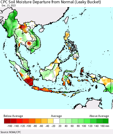 South East Asia CPC Soil Moisture Departure from Normal (Leaky Bucket) Thematic Map For 12/11/2023 - 12/15/2023