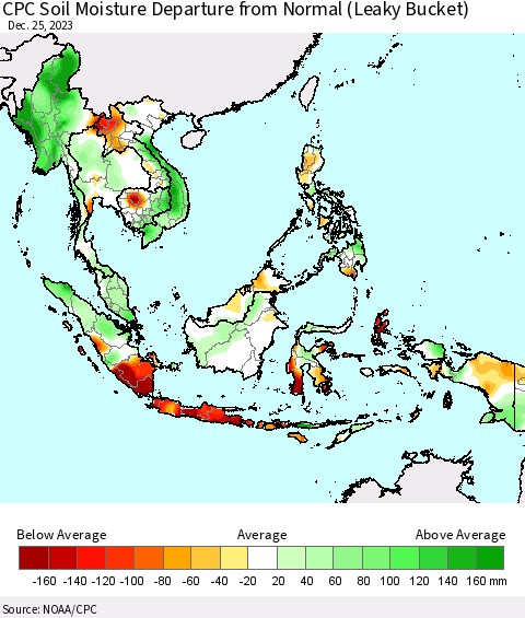 South East Asia CPC Soil Moisture Departure from Normal (Leaky Bucket) Thematic Map For 12/21/2023 - 12/25/2023