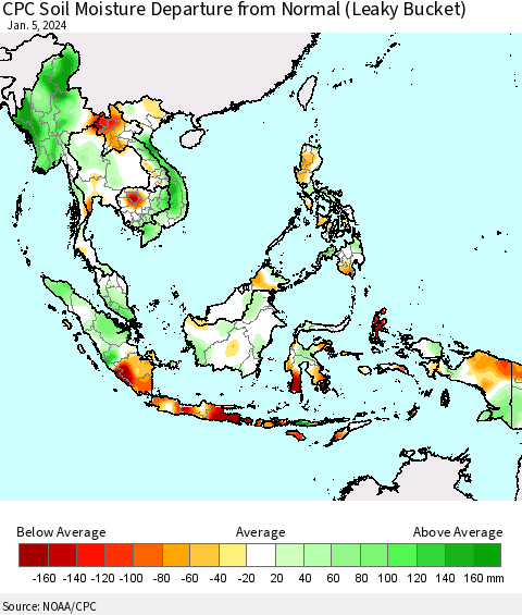 South East Asia CPC Soil Moisture Departure from Normal (Leaky Bucket) Thematic Map For 1/1/2024 - 1/5/2024