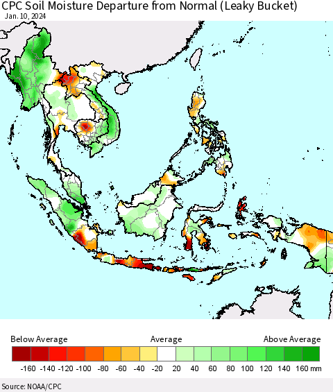 South East Asia CPC Soil Moisture Departure from Normal (Leaky Bucket) Thematic Map For 1/6/2024 - 1/10/2024