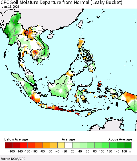 South East Asia CPC Soil Moisture Departure from Normal (Leaky Bucket) Thematic Map For 1/11/2024 - 1/15/2024