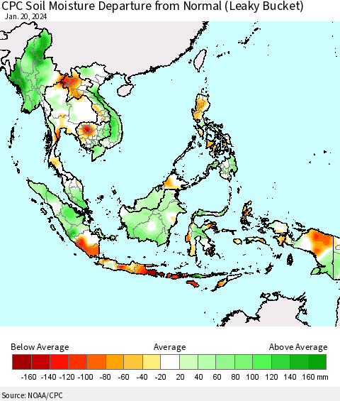 South East Asia CPC Soil Moisture Departure from Normal (Leaky Bucket) Thematic Map For 1/16/2024 - 1/20/2024