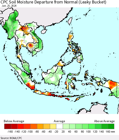 South East Asia CPC Soil Moisture Departure from Normal (Leaky Bucket) Thematic Map For 1/21/2024 - 1/25/2024