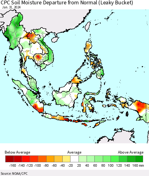 South East Asia CPC Soil Moisture Departure from Normal (Leaky Bucket) Thematic Map For 1/26/2024 - 1/31/2024