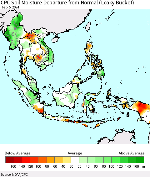 South East Asia CPC Soil Moisture Departure from Normal (Leaky Bucket) Thematic Map For 2/1/2024 - 2/5/2024