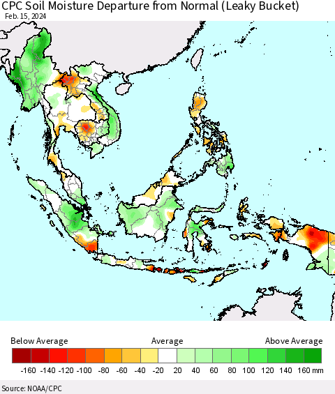South East Asia CPC Soil Moisture Departure from Normal (Leaky Bucket) Thematic Map For 2/11/2024 - 2/15/2024
