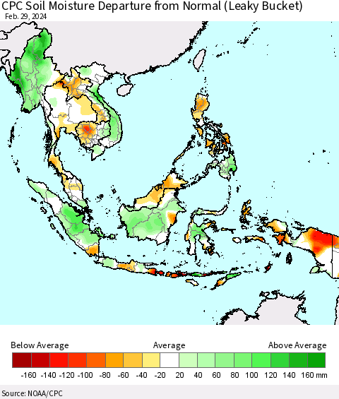 South East Asia CPC Soil Moisture Departure from Normal (Leaky Bucket) Thematic Map For 2/26/2024 - 2/29/2024