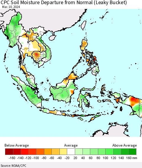 South East Asia CPC Soil Moisture Departure from Normal (Leaky Bucket) Thematic Map For 3/6/2024 - 3/10/2024