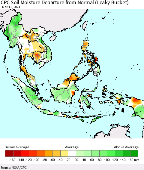 South East Asia CPC Soil Moisture Departure from Normal (Leaky Bucket) Thematic Map For 3/11/2024 - 3/15/2024