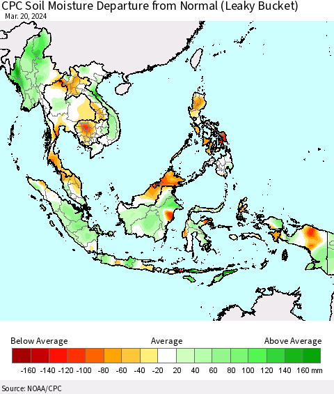 South East Asia CPC Soil Moisture Departure from Normal (Leaky Bucket) Thematic Map For 3/16/2024 - 3/20/2024