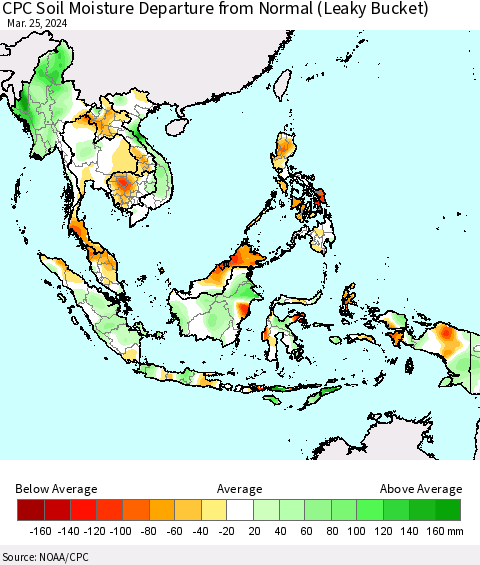 South East Asia CPC Soil Moisture Departure from Normal (Leaky Bucket) Thematic Map For 3/21/2024 - 3/25/2024