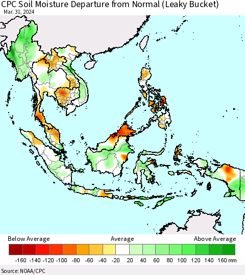 South East Asia CPC Soil Moisture Departure from Normal (Leaky Bucket) Thematic Map For 3/26/2024 - 3/31/2024